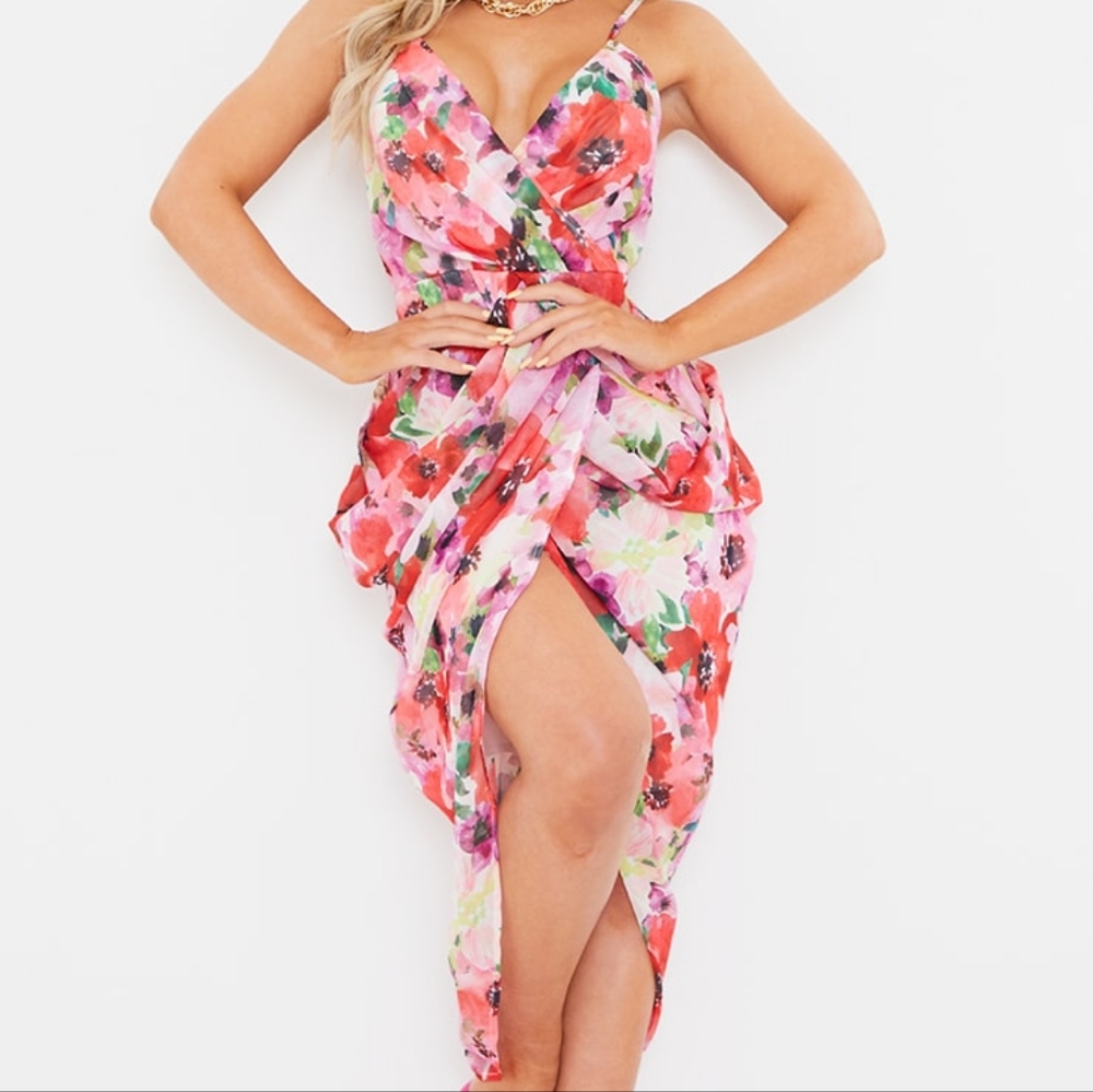🆕 Multi Floral Print Chiffon Strappy Draped Midi Dress NEVER WORN, BRAND NEW!!!